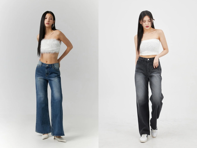 Quần jeans dài phối cùng áo tube