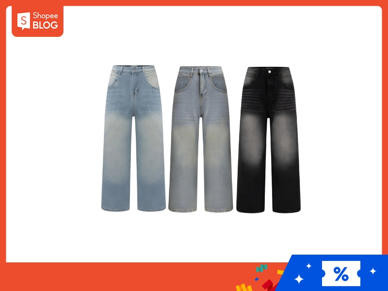 Quần Jeans Wash cạp cao ống rộng