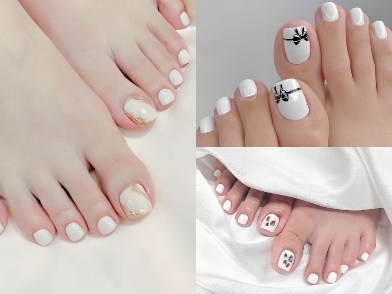 Mẫu nail chân Trung Thu màu trắng 