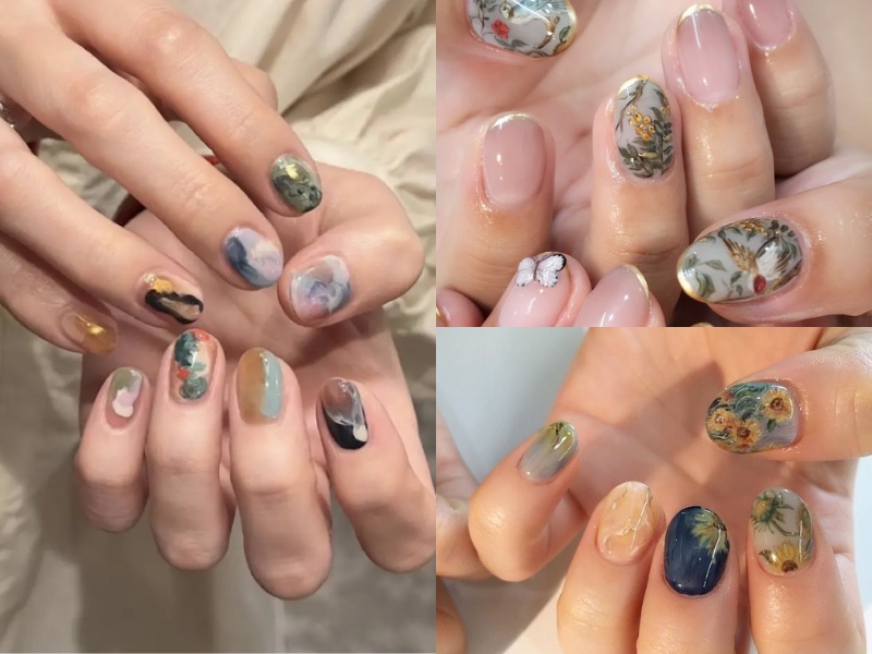 mẫu nail họa tiết hoa lá kết hợp cùng vân mây