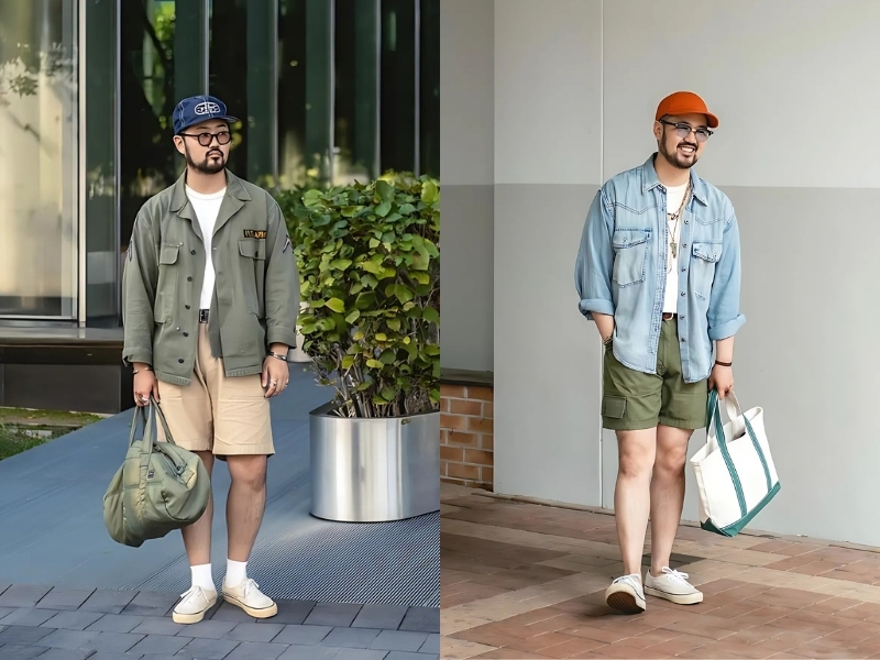 Cách phối sơ mi denim quần short cho nam 1m65
