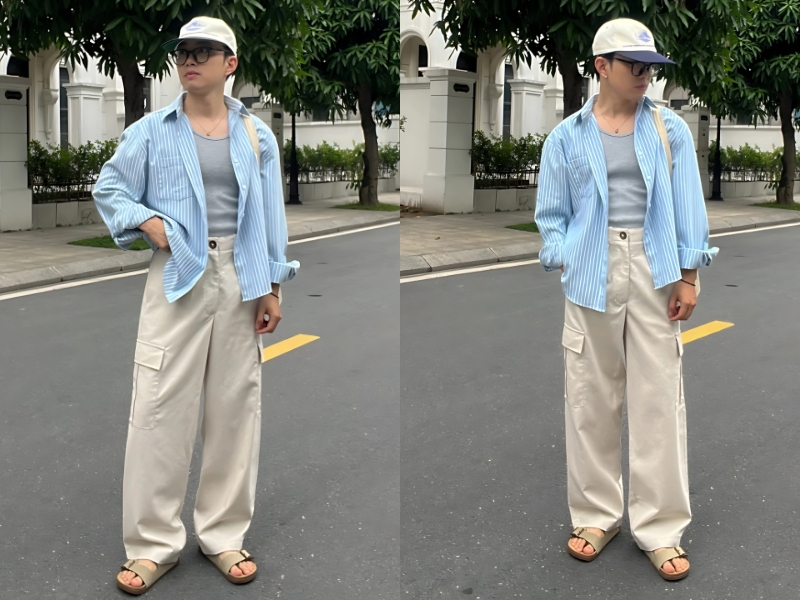 Phối thêm áo sơ mi để outfit áo ba lỗ