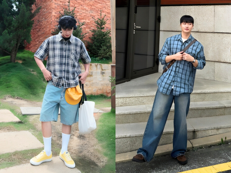 Áo sơ mi kẻ sọc tay ngắn phối quần jeans