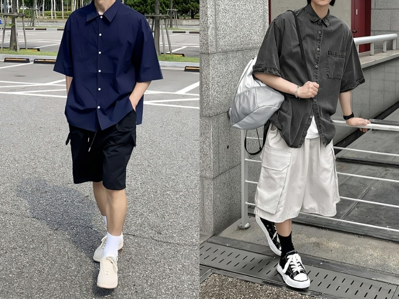 Outfit năng động với áo sơ mi và quần túi hộp ngắn