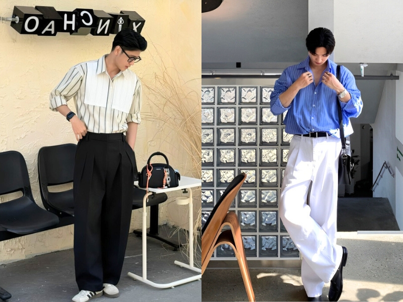 Phối sơ mi kẻ sọc nam kết hợp quần âu lịch lãm.