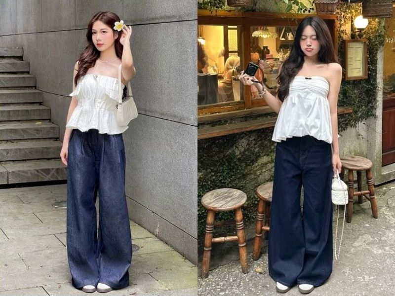 Quần ống rộng phối cùng áo cúp ngực