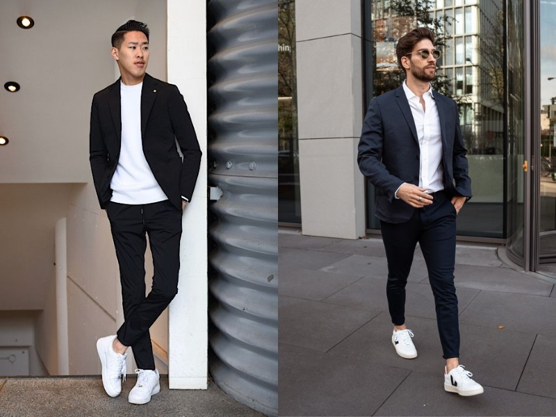 Blazer đen với giày sneaker