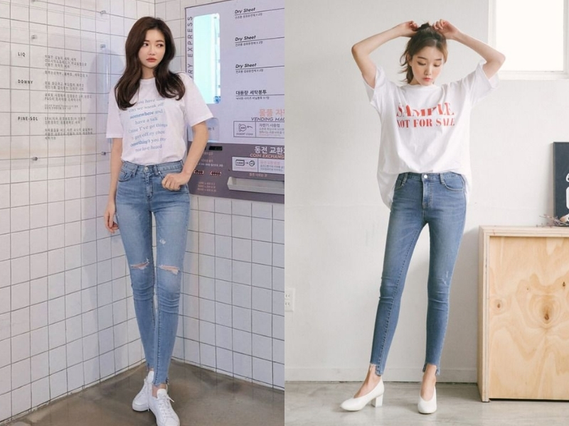 phối áo thun với quần jean ôm nữ