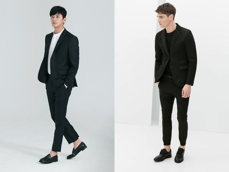 áo blazer đen khi phối cùng giày Oxford
