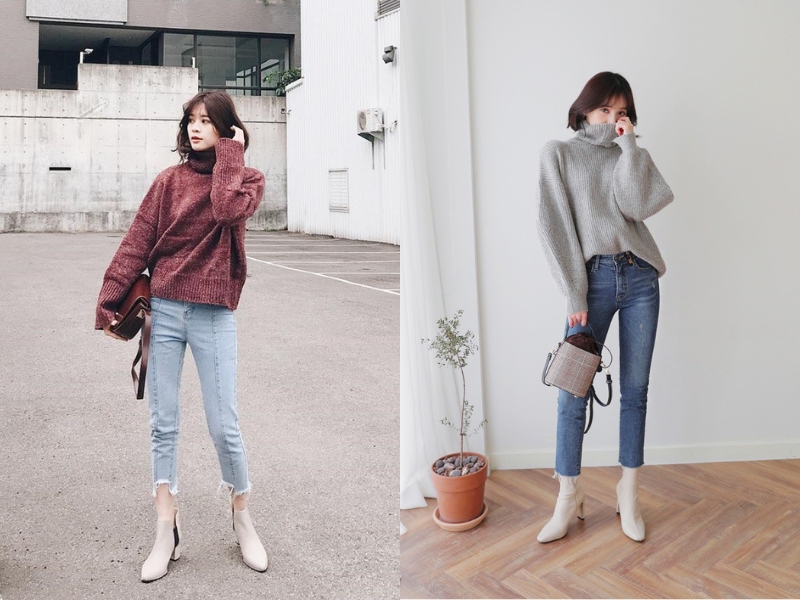 Phối áo len với quần ôm nữ