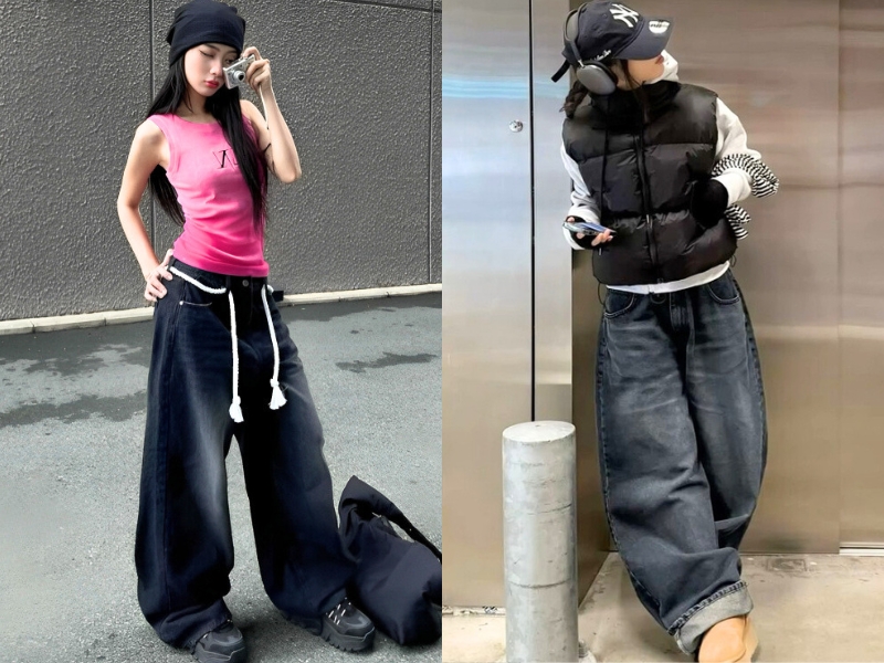 Quần baggy jean ống rộng mix croptop