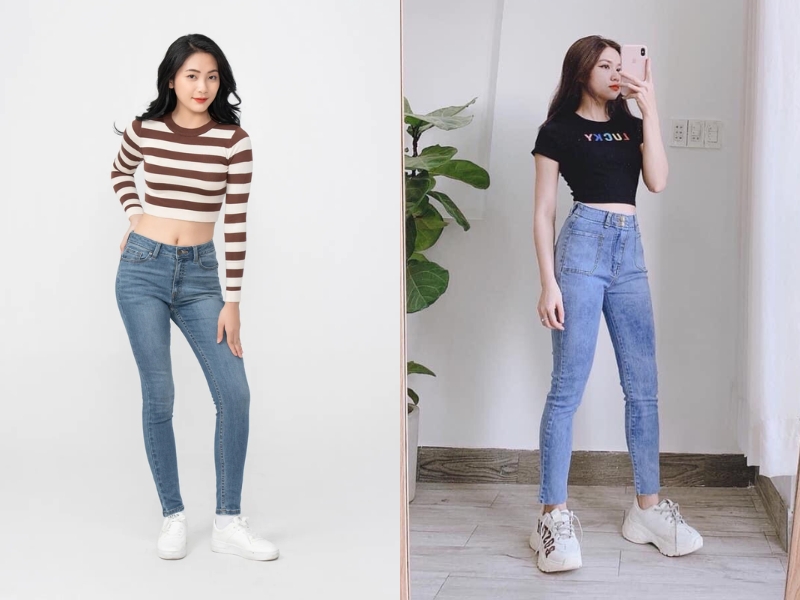 Quần jean ôm cạp cao phối với áo thun croptop
