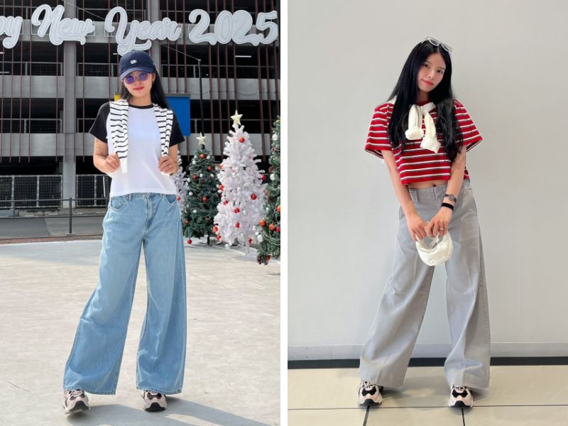Quần ống rộng và áo len choàng cổ