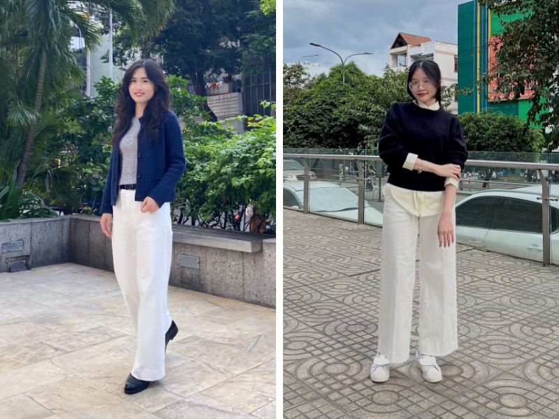 Phối đồ với quần jeans trắng tương phản
