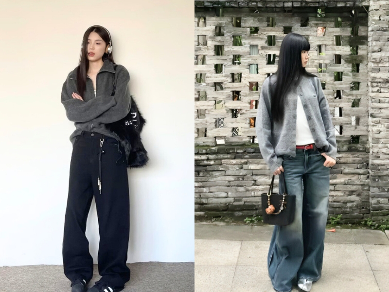 Quần baggy jean phối theo kiểu Hàn Quốc