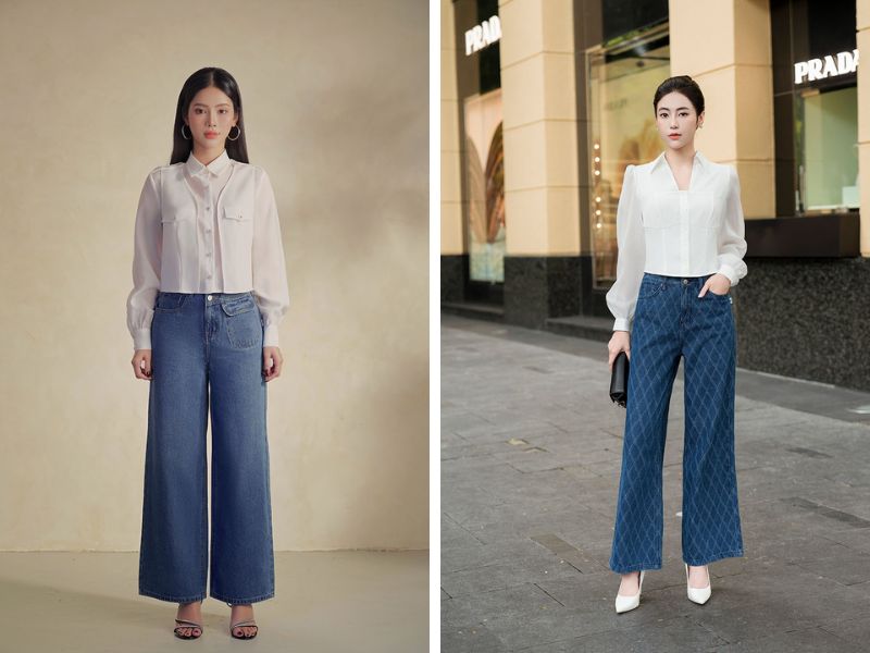 Quần ống rộng jean và áo sơ mi kiểu