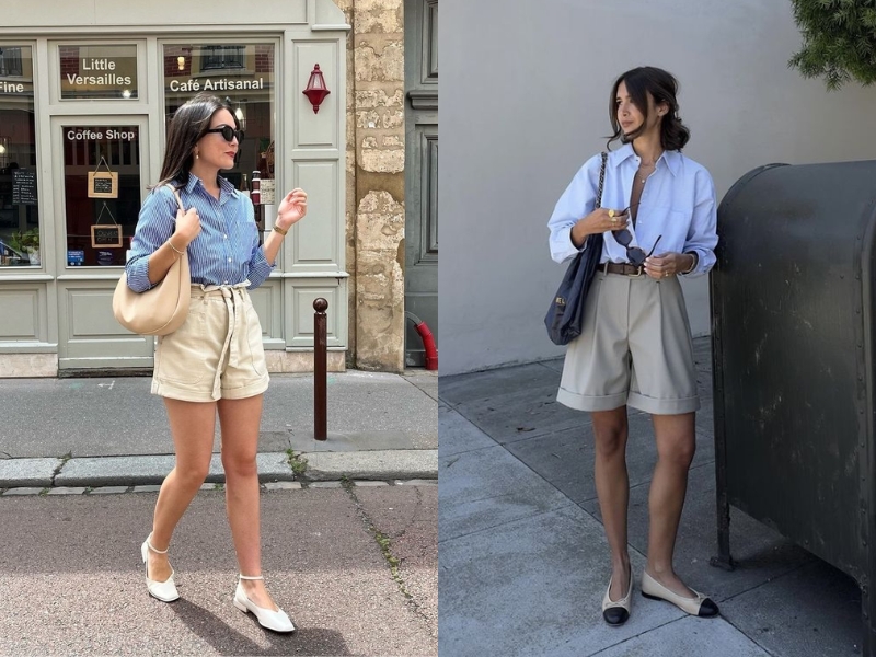 Phối giày búp bê với quần short và đồng hồ