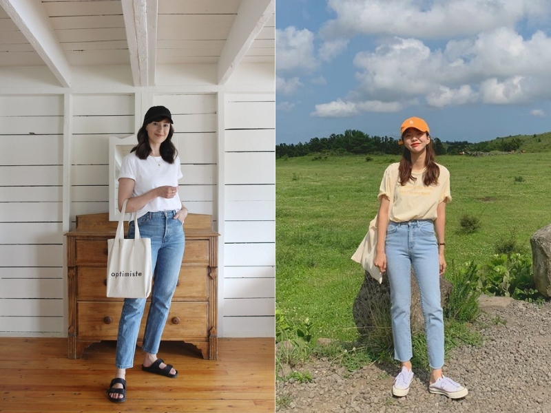Phối quần jean ôm ngố với áo thun oversize