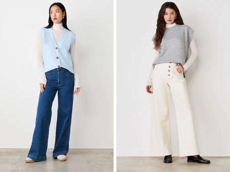 Phối quần jean ống rộng với áo len và áo cổ lọ