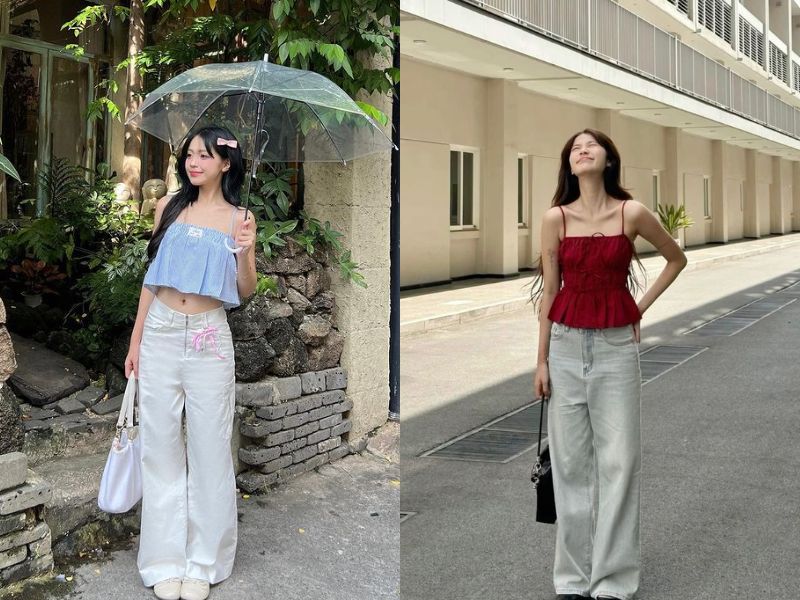 quần jean ống rộng và áo hai dây