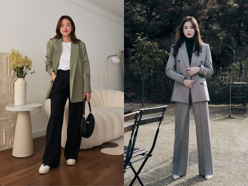 phối quần ống rộng với áo blazer
