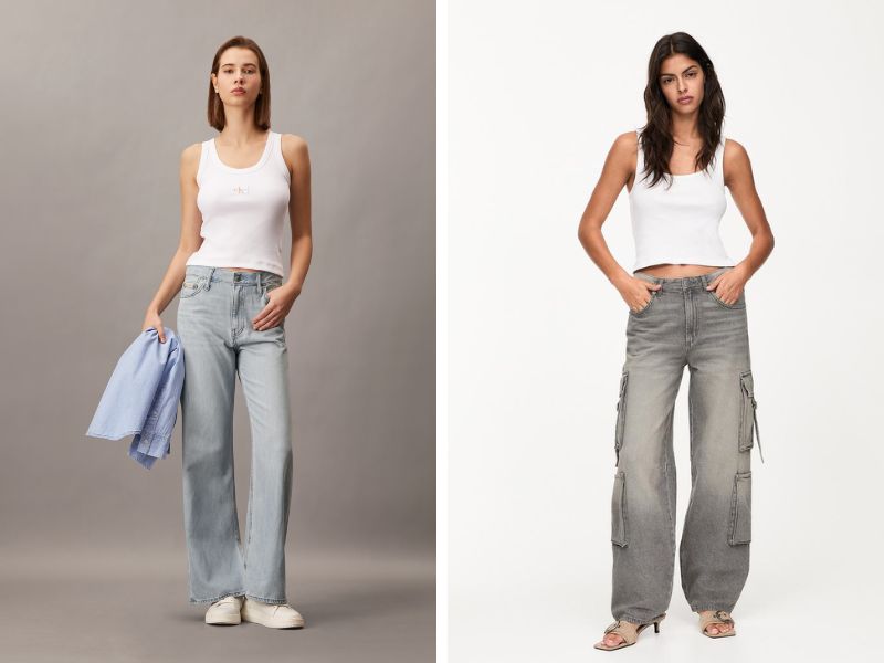 Áo ba lỗ và quần jean ống rộng