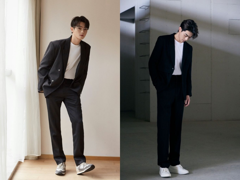 Phối áo blazer đen với áo thun trắng