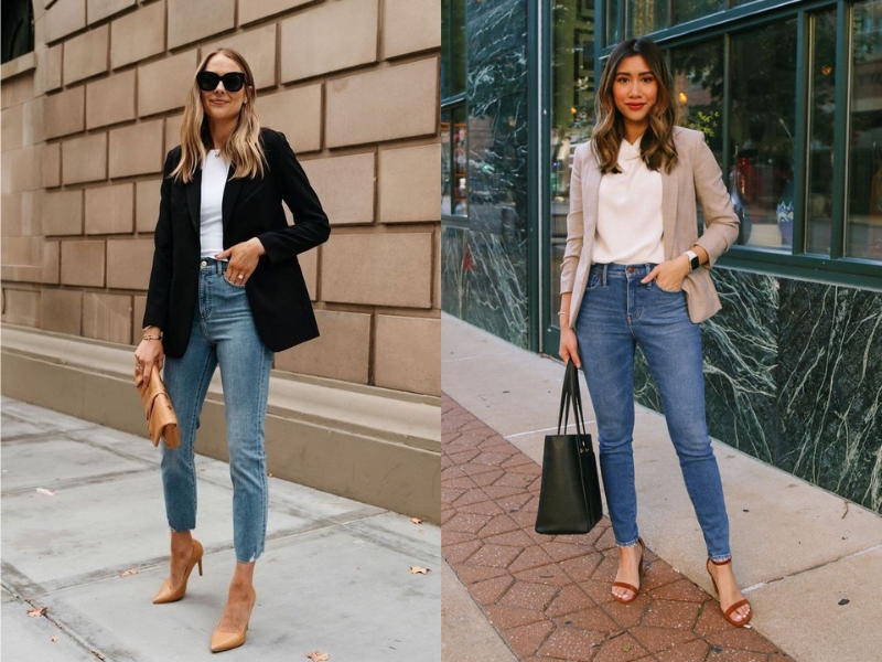 Mix áo blazer dáng rộng khoác ngoài với áo thun và quần jean ôm