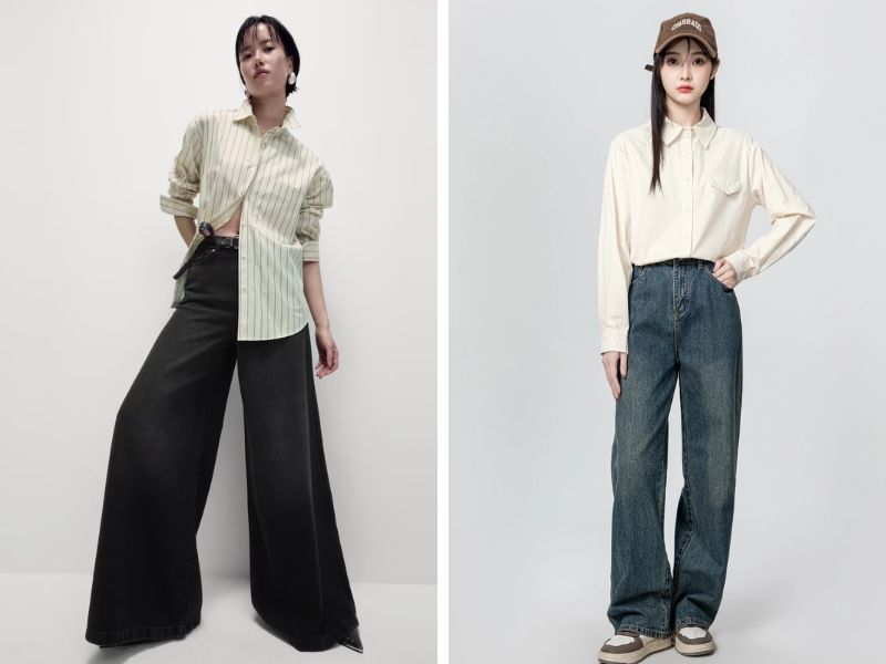 Quần ống rộng jeans và áo sơ mi