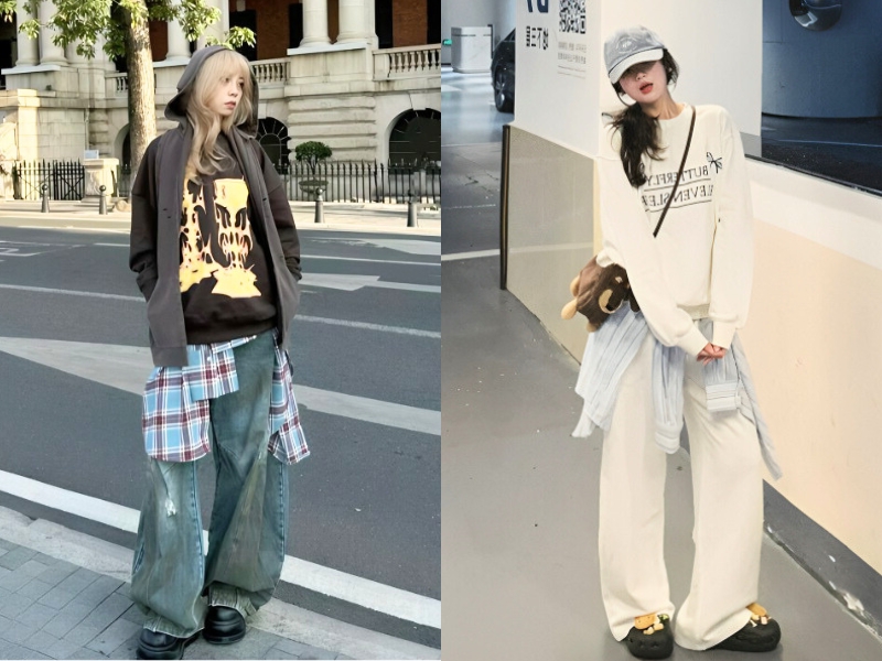 Quần baggy jean ống rộng phối cá tính