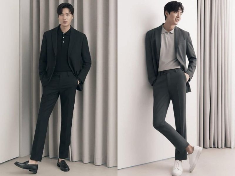 Blazer đen phối với áo polo và giày sneaker