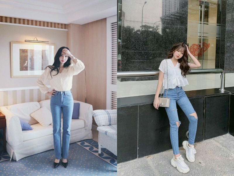 Phối áo kiểu tay phồng với quần jean ôm