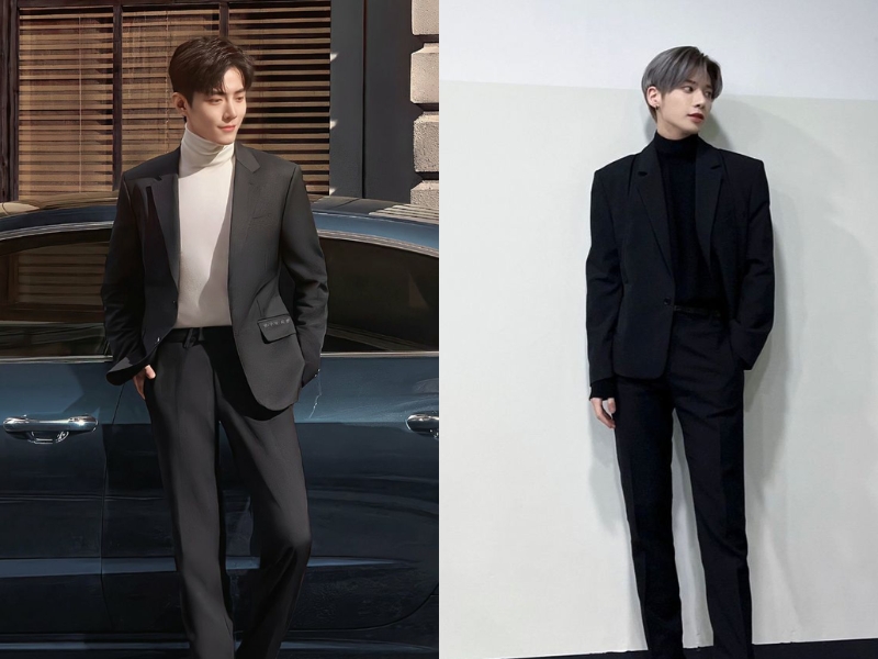 Phối đồ với áo blazer đen nam cùng áo thun cổ lọ