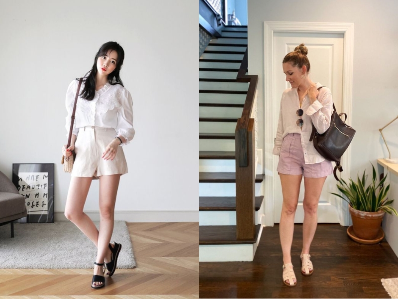 Phối giày đế bệt với quần short nữ