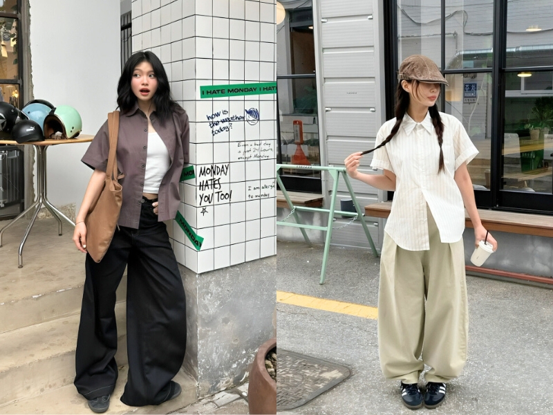 Quần baggy jean mix áo sơ mi