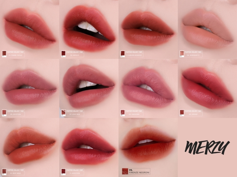 Full bảng màu son Merzy Puffer Velvet Tint