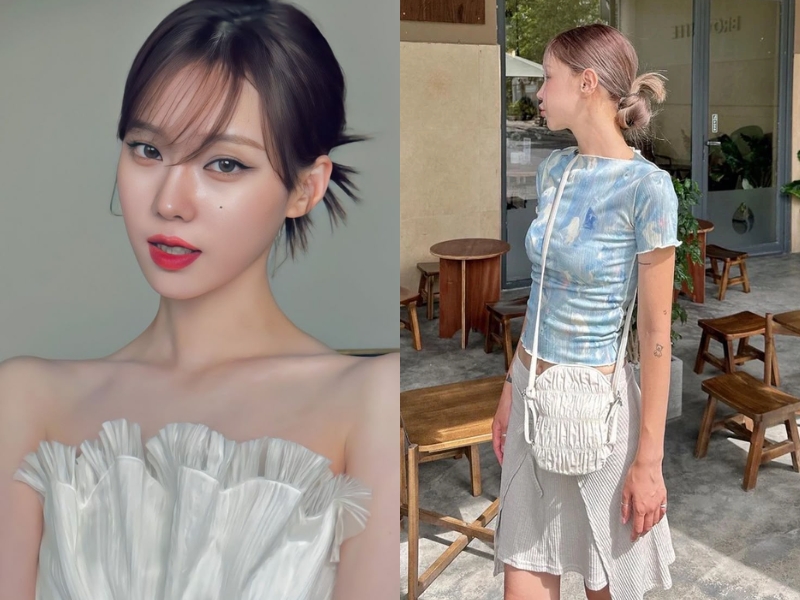 Tóc búi bụi cọ xòe gọn gàng.
