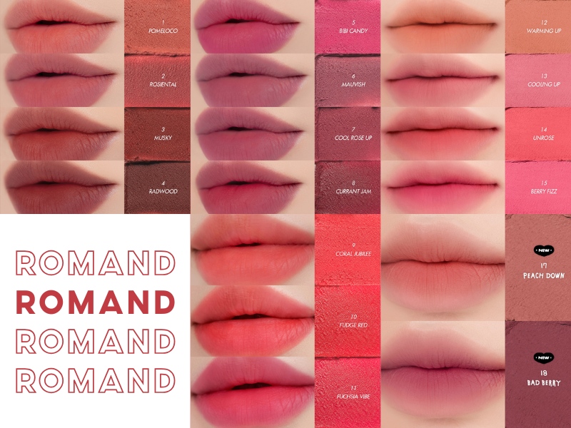 Bảng màu của son Romand Blur Fudge Tint