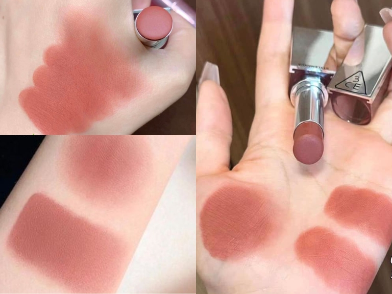 Son thỏi 3CE Blur Matte Lipstick Màu Salty Cinnamon khi swatch ra tay