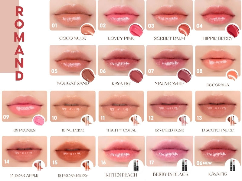 Bảng màu của dòng son Romand Glasting Melting Balm