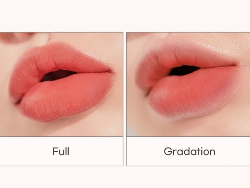 Son kem Peripera Over Blur Tint Màu 04 trên môi với 2 hiệu ứng