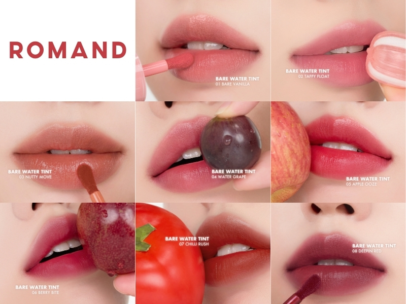 Bảng màu của dòng son Romand Bare Water Tint