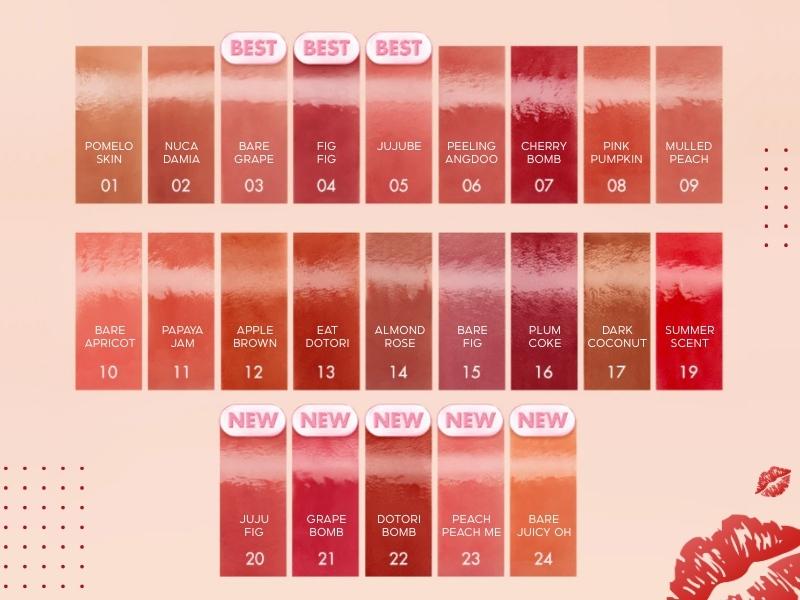 Bảng màu của dòng son Romand Juicy Lasting Tint