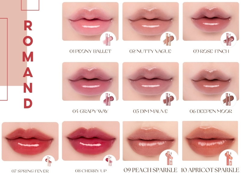 Bảng màu của son Romand Glasting Color Gloss