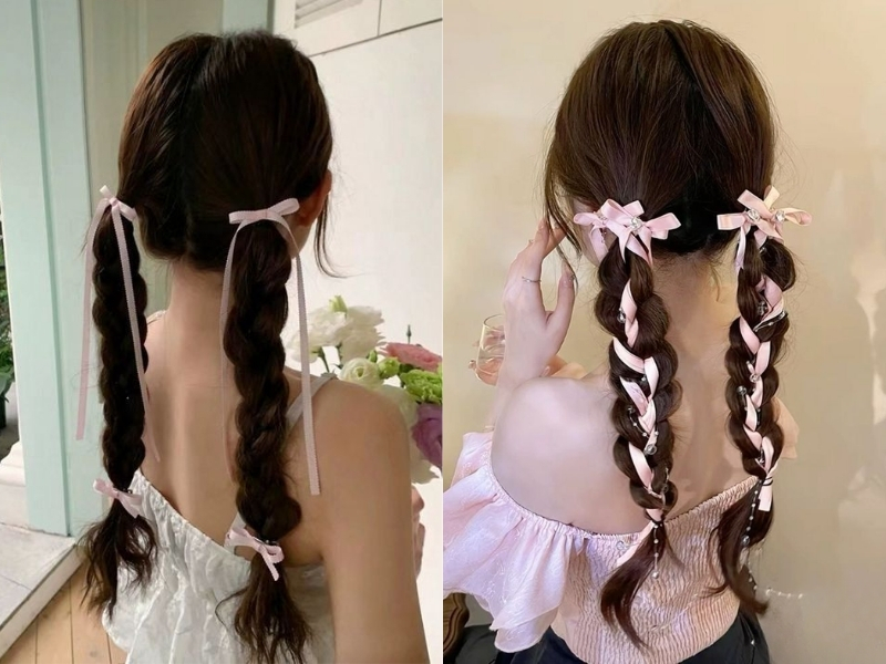 Tóc đuôi ngựa tết + nơ dài