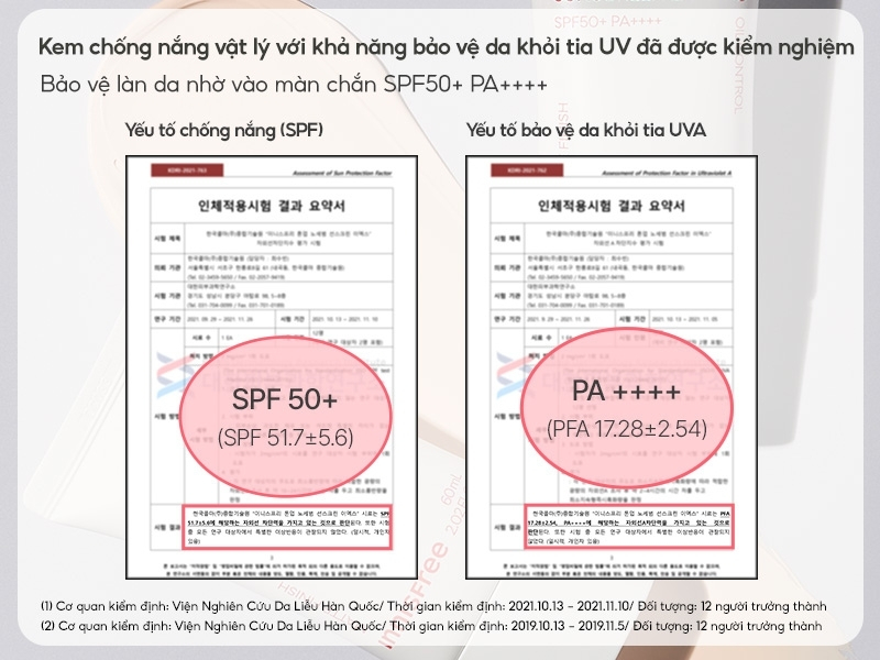 Kết quả kiểm định chỉ số SPF và PA của kem chống nắng nâng tone INNISFREE