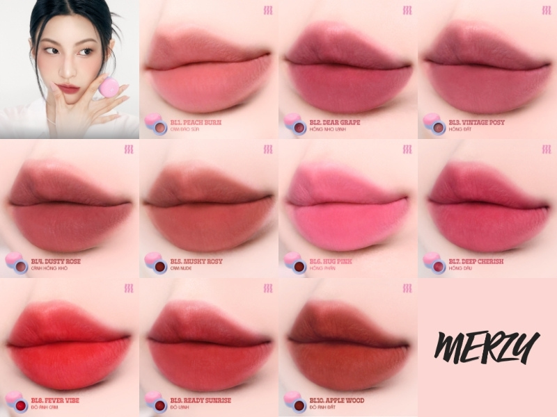 Full bảng màu son Merzy Blurry Lip & Cheek Mousse
