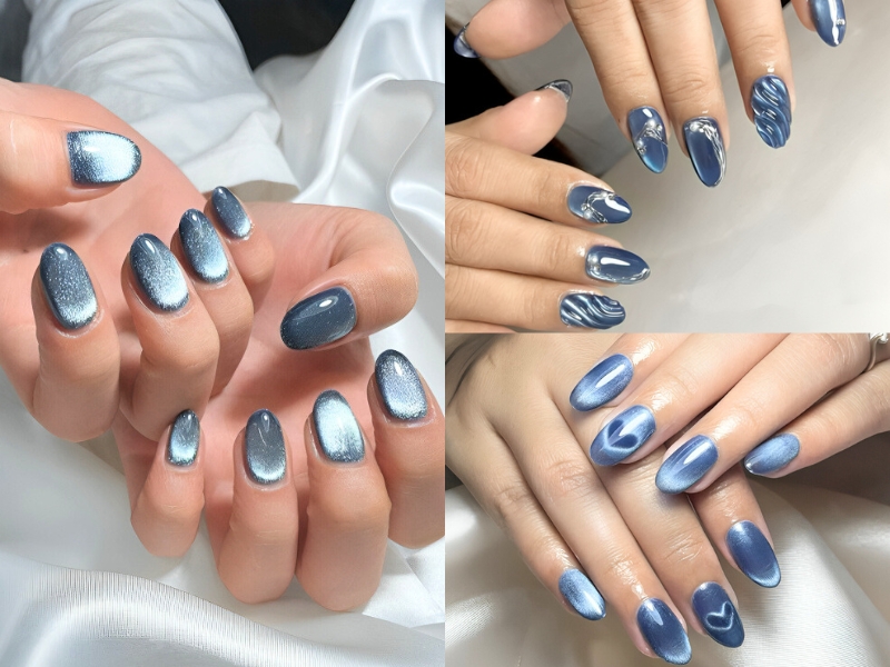 Nail mắt mèo tone xanh biển