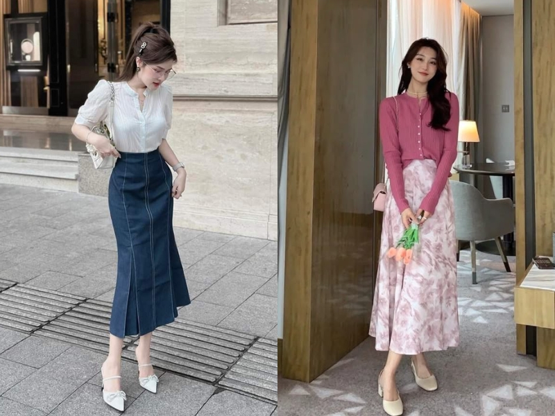 chân váy phối cùng áo kiểu
