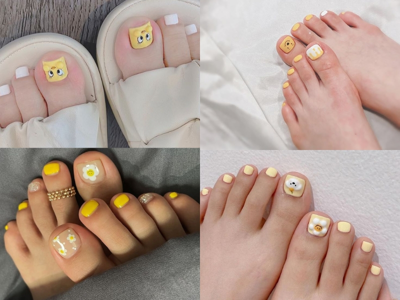 nail chân đi biển tone vàng trắng